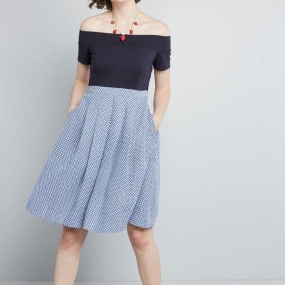 Modcloth Double the Lovely A-line Dress Blue Pleated Pockets Off Shoulder